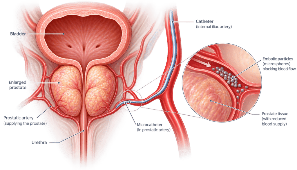 Illustration of prostate artery embolisation