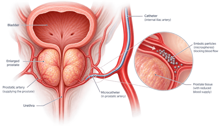 Illustration of prostate artery embolisation